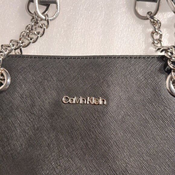 Calvin Klein Hayden Saffiano Black Leather Tote Silver Chain Handles Used - Picture 2 of 16